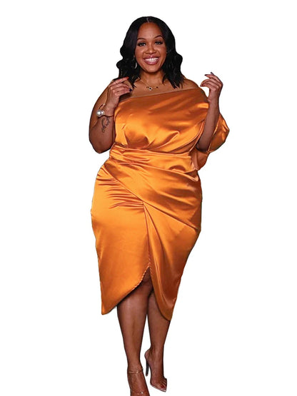 Plus Size Women Clothing One Shoulder Wedding Dress Big Lady Elegant Satin Short Dress Dresses 5xl Wholesale Bulk Dropshipping