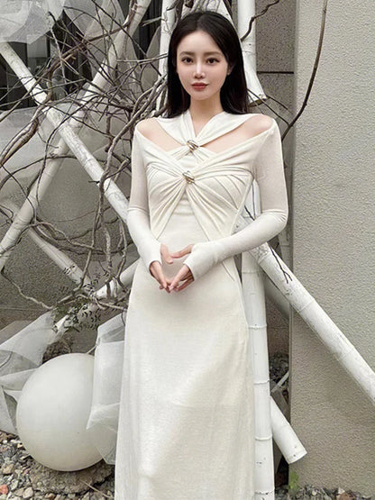 TWOTWINSTYLE Knitting White Dresses For Women V Neck Long Sleeve High Waist Hollow Out Slim Dress Female Summer 2023 Clothing