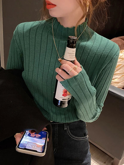 Autumn Winter Knitted Ribbed Turtleneck Sweater Women Clothes 2025 Long Sleeve Slim Basic Pullover Woman Sweaters Solid Tops