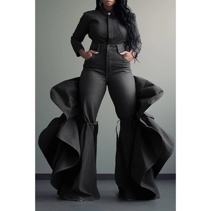 Plus Size Fashionable Women's Blue Jeans High Waist Ruffle Flared Casual Pink Denim Pants Spring Black Skinny Pants