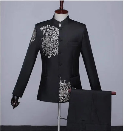 New Men Standing Collar Embroidered Suit 2 Piece Fashion Male Business Social Wedding Prom Stage Performance Dress Blazer Pant