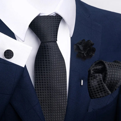 Luxury Mens Ties Floral Black Gold Ties Paisley NeckTie Pocket Square Cufflinks Brooch Set Men's Wedding Party Tie