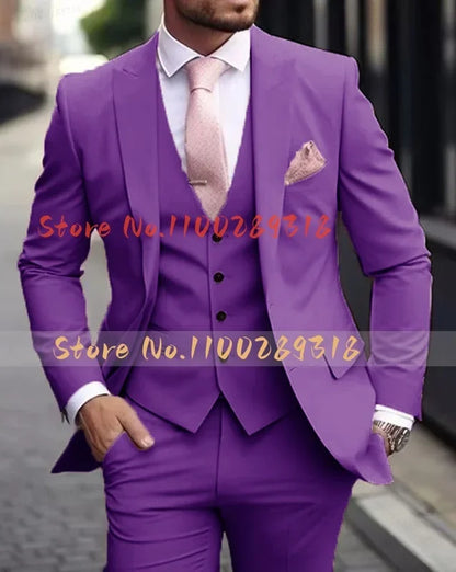 Pink Luxury Men's Suits Terno Formal Outfits 3 Piece Jacket Pants With Vest Slim Fit Luxury Costume Homme Formal Occasion Terno