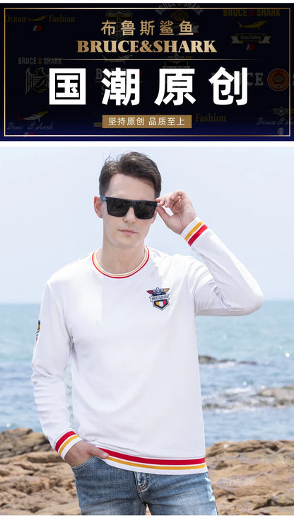 Spring New Men' T-Shirts Round Neck Solid Color Long sleeved Tops Bruce&Shark Thicken Stretch Cotton Men's Clothing Korea Style