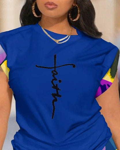 Two Piece Short Sets Print Letter Round  Neck T Shirts High Waist Pants Splice Tops Pullover Summer Ladies Beach Style