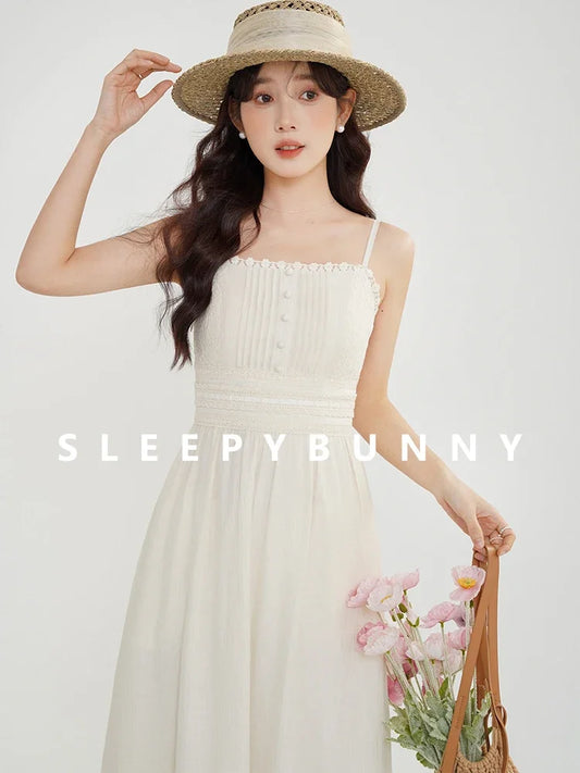 Women Spring Lace Trim Long Dress French Sweet Style Waist-Cinching Sleeveless Elegant Maxi Dress Friendly for Petite Frame