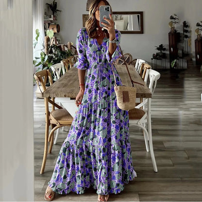 Spring Autumn Flower Print Long Dresses For Women Casual Holiday A-line Beach Dress Fashion Elegant Bohemian Style Maxi Vestidos