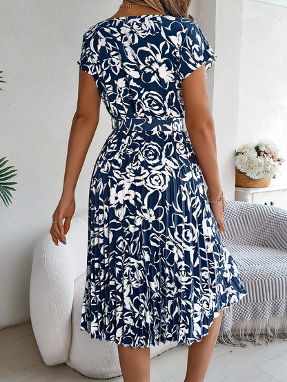 Spring Summer Elegant Flower Print Dress Short Sleeve Folded Dresses for Women Mother's Day