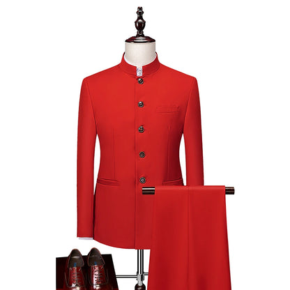 Men's Casual Business Suit (suit + Trousers) Stylish and Handsome with The Trend of Standing Collar Zhongshan Suit Two-piece Set