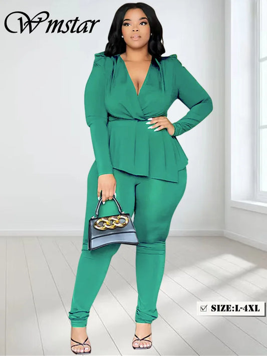Wmstar Plus Size Two Piece Set Women Clothing Pants Sets Top Leggings Matching Office Lady Fall Clothes