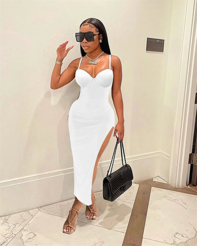 Sexy Side Cut Out Night Party Dresses Women Spaghetti Strap V-neck Backless Slim Bodycon Maxi Dress Elegant Birthday Prom Dress