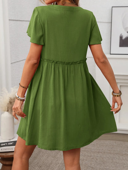 Spring Summer Button Down Dress Flutter Sleeve Cotton Linen A Line Dress With Pockets Beach Summer Knee Length Dresses For Women