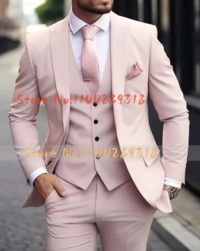 Pink Luxury Men's Suits Terno Formal Outfits 3 Piece Jacket Pants With Vest Slim Fit Luxury Costume Homme Formal Occasion Terno