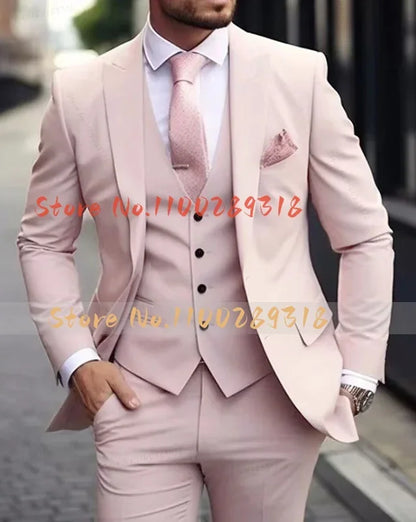 Pink Luxury Men's Suits Terno Formal Outfits 3 Piece Jacket Pants With Vest Slim Fit Luxury Costume Homme Formal Occasion Terno