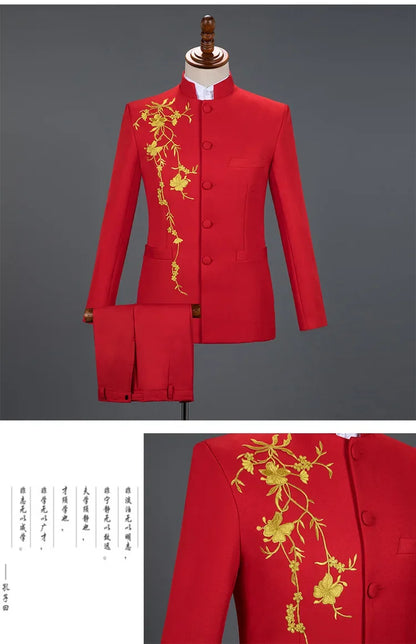 New Men Stand Collar Embroidery Suit 2 Piece Black / White / Red Fashion Male Stage Party Perform Blazer and Trousers