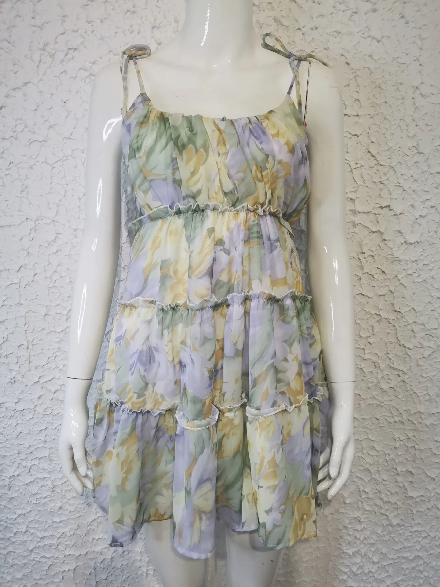 Spring Summer Print Floral Dress for Women Chiffon Strapless Sleeve Backless Ruffles Mini Dress Chic Lady Beach Vacation 2025 Fa