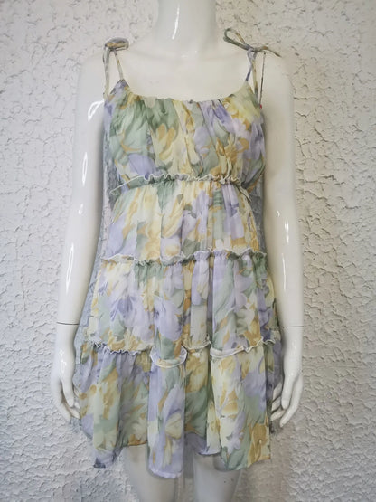 Spring Summer Print Floral Dress for Women Chiffon Strapless Sleeve Backless Ruffles Mini Dress Chic Lady Beach Vacation 2025 Fa