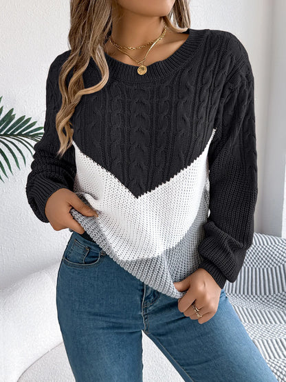New Autumn Winter Color-blocking Lantern Sleeve Fashion Knitted Pullover Sweater Jersey Invierno Mujer Sweaters Womens Top Femme