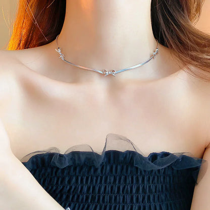 Silver Color Color Bowknot Bracelets for Women Girls Sparkling Delicate Chains Blade Chokers Necklaces Party Dress Jewelry Gifts