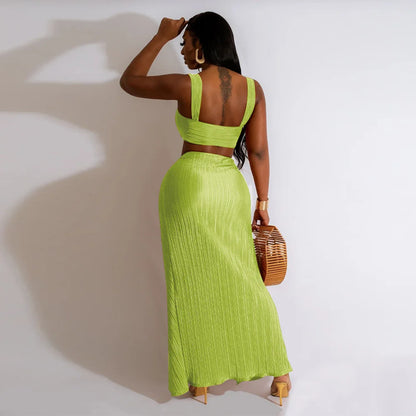 Summer Dresses for Women Two Pieces Set Sexy Backless Halter Top and High Waist Side Slit Pleated Skirt Matching Lady Streetwear