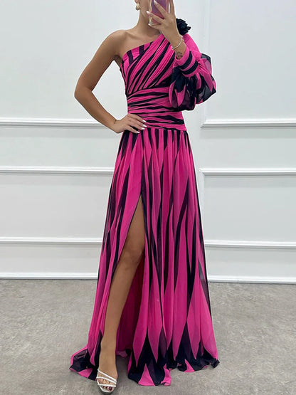 Spring Summer One Off Shoulder Fashion Party Dress, Women Printing Skew Collar Slim Maxi Dress, Long Sleeve Elegant Ladies Dress