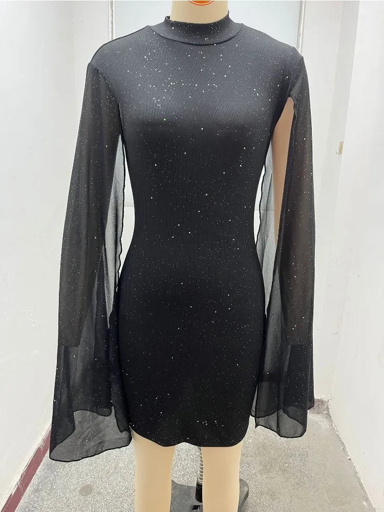 Spring New Party Tight Sexy Dress Women O Neck Solid Fashion Sequin Cape Mesh Women's Mini Skirt With Hip Wrap Dress Vestidos
