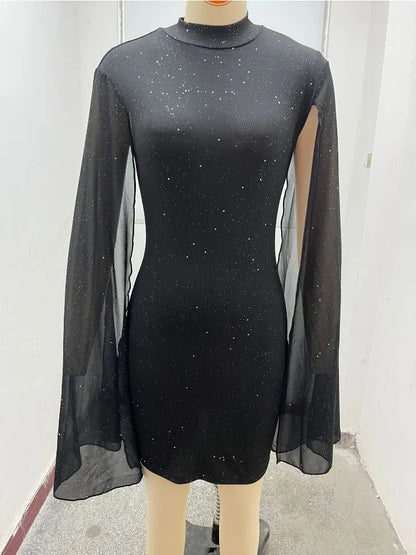 Spring New Party Tight Sexy Dress Women O Neck Solid Fashion Sequin Cape Mesh Women's Mini Skirt With Hip Wrap Dress Vestidos