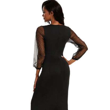 Mesh Patchwork Dress Womens Fashion Round Neck Long Sleeve Slim Elegant Dress Women