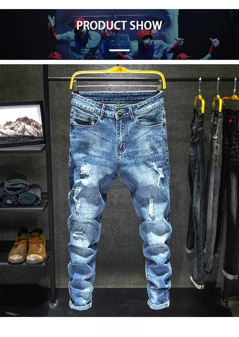 Men Stretch Slim Ripped Jeans Hip Hop Streetwear Korean Vintage Distressed Little Feet Pants Personality Male Trousers