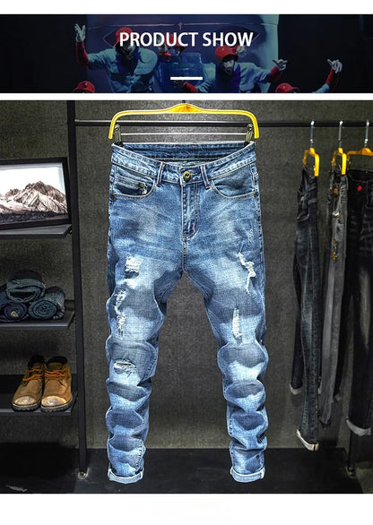 Men Stretch Slim Ripped Jeans Hip Hop Streetwear Korean Vintage Distressed Little Feet Pants Personality Male Trousers