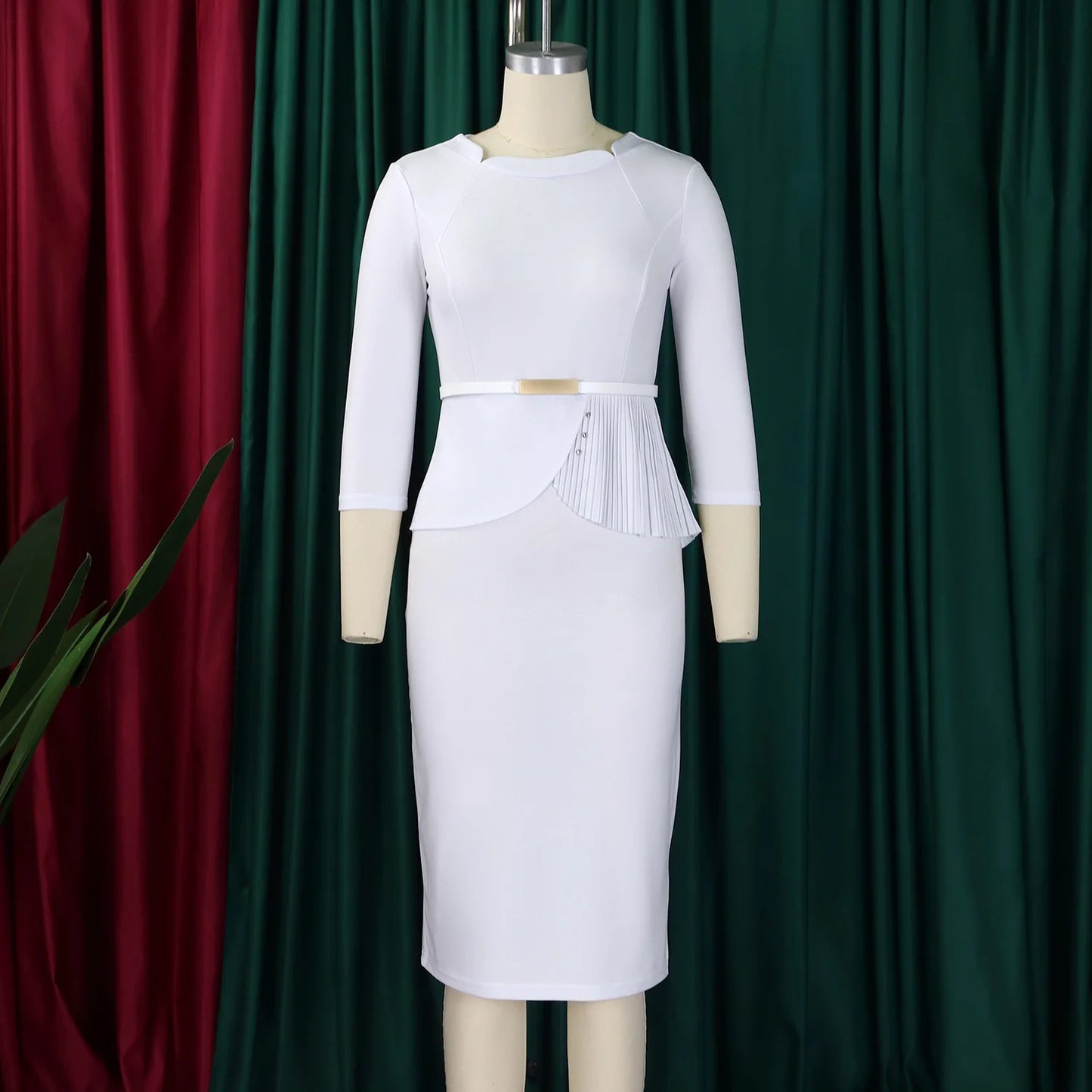 L-3XL Plus Size Elegant Midi Dress 2025 Spring Summer Women Office Lady Dress Casual 3/4 Sleeve Bandage Robe Oversize Dress