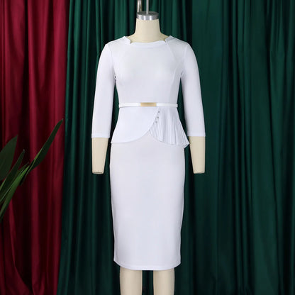 L-3XL Plus Size Elegant Midi Dress 2025 Spring Summer Women Office Lady Dress Casual 3/4 Sleeve Bandage Robe Oversize Dress