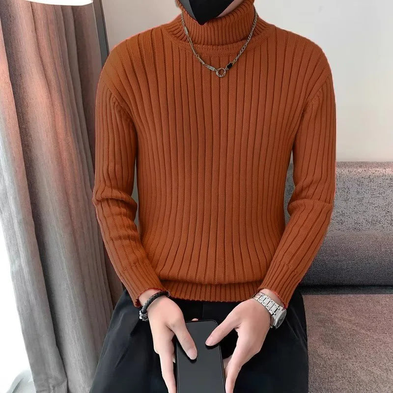 Men's Stylish Solid Thicken turndown Pullovers Thermal Winter Long Sleeve Sweater Vertical Stripes Design Knitted Sweaters Male