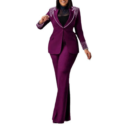 CM.YAYA Fashion Pearl Splicing Women's Set Long Sleeve Blazer and Wide Leg Pants Suit 2024 Winter OL Fall Two 2 Piece Set Outfit