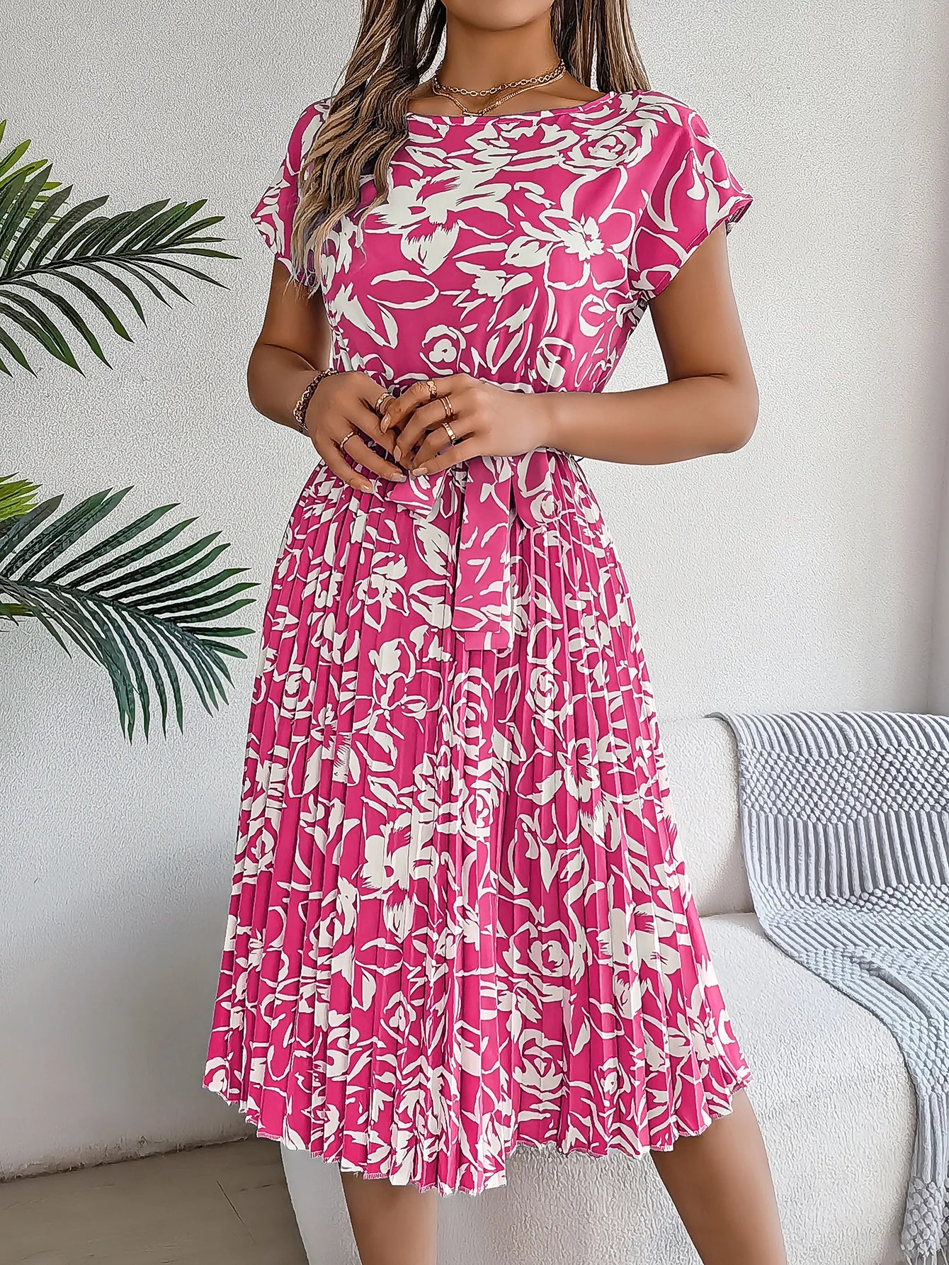 Spring Summer Elegant Flower Print Dress Short Sleeve Folded Dresses for Women Mother's Day