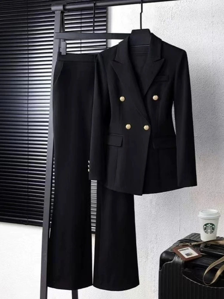 Navy Black Fashion Women Pant Suit Long Sleeve Solid Ladies Blazer and Trouser Formal 2 Piece Set For Autumn Winter