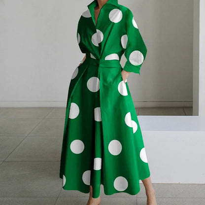 Fashion Dress Women Spring New Long Sleeve Turn-down Collar High Waist Print Button Elegant Big Hem Loose Commute Female Dress