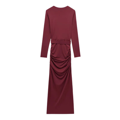 Spring Women's French Evening Dress With Pleated Embellished Waistband Long Sleeved V-neck And Elegant Dress