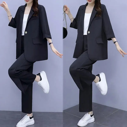 2026 Women Spring New Casual Blazers Jacket Trousers Matching Set Korean Elegant Loose Suit Coat Pants Two Piece Female Clothing
