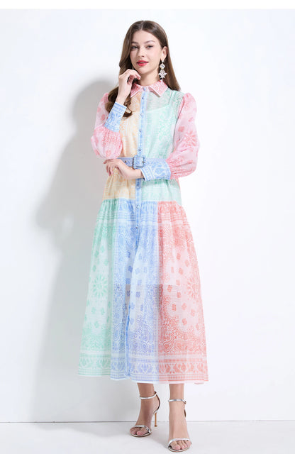 Spring Summer 2025 New Women Fashion Rainbow Print Elegant Shirt Long Dresses Vintage Single Breasted Party Dress Bohemian Trend