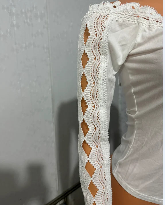 2023 Autumn Winter Spring New Fashion Casual Sexy Blouses Off Shoulder Hollow Out Lace Top Female Clothing TShirts Pullover Tops