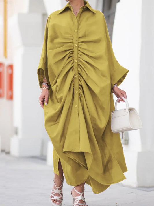 Freeacy Women's Personalized Dresses 2025 Spring Fashion Solid Color Pleated Shirt Dress Long Sleeves Loose Fit Party Dress