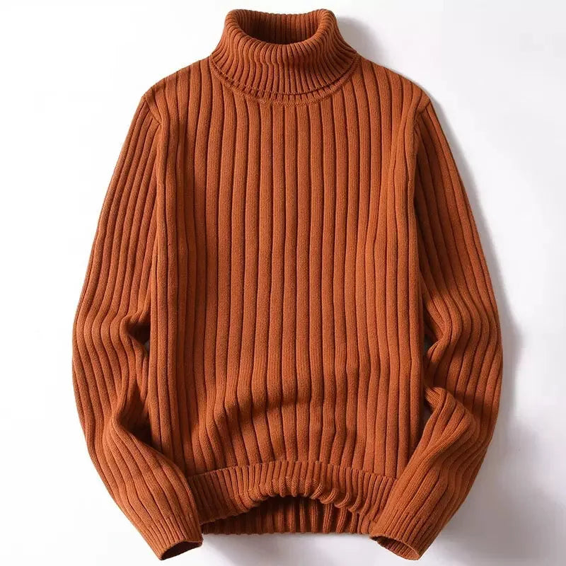 Men's Stylish Solid Thicken turndown Pullovers Thermal Winter Long Sleeve Sweater Vertical Stripes Design Knitted Sweaters Male