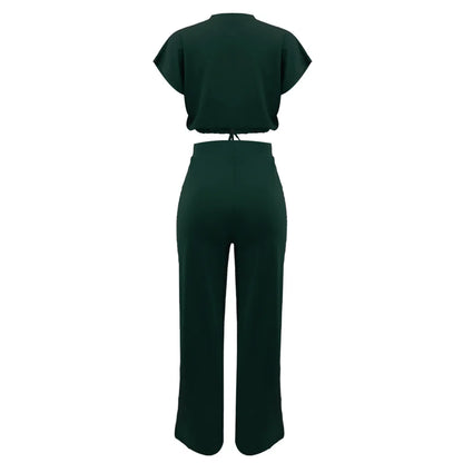 Women Casual Round Neck Drawstring Short Sleeve Top & High Waist Pants Set Summer Solid Two Piece Suit Sets Outfits Set Female