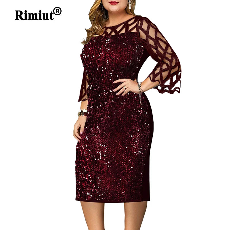 Plus Size S-5XL Fashion Women Sequins Autumn Dresses Lace Sleeve Shining Lady Casual Fashion Dress Sexy Mom Clothing O neck