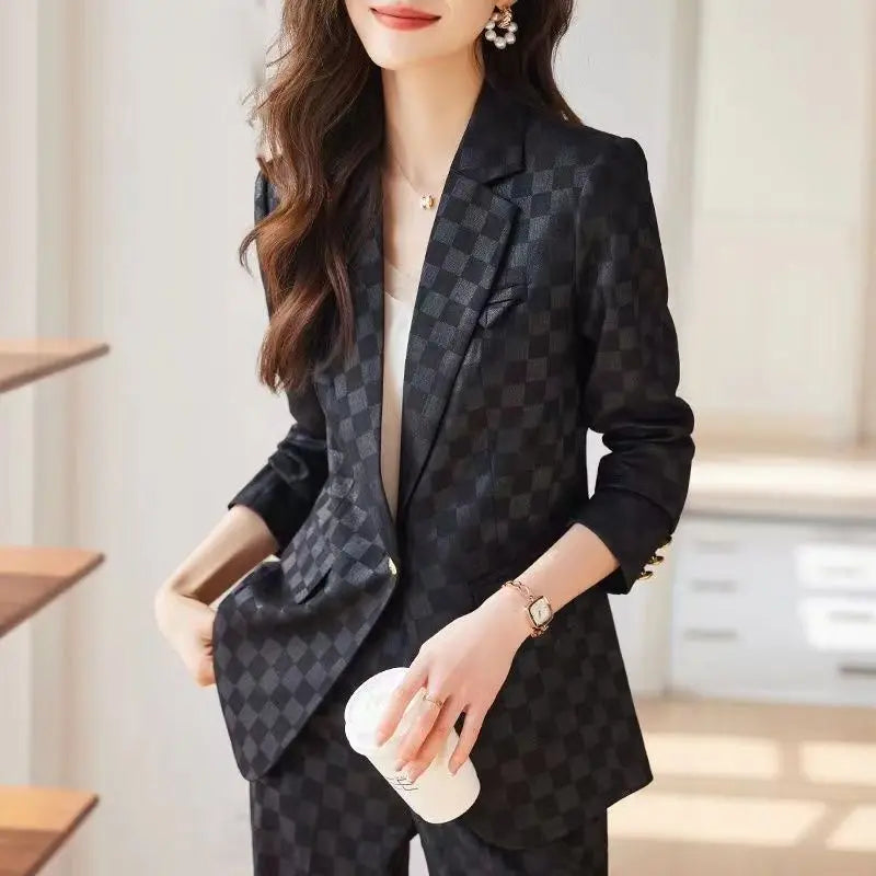 Women's Spring Autumn New Fashion Plaid Professional Suit Jacket Matching Set Korean Elegant Casual Blazers Pants Two Piece