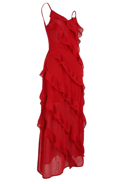 New 2026 Women's Ruffles Chiffon Maxi Dress Backlesss Split Sexy Porm Dress Red Long Summer Wedding Party Dress Elegant Vestidos