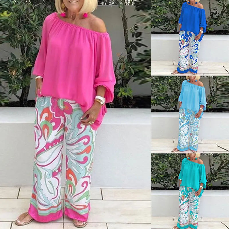 Casual 2-piece Suit Set Women's Sexy Off-shoulder Shirt Blouse Top + Printed Wide-leg Pants Two-piece Suit Spring Autumn 2023