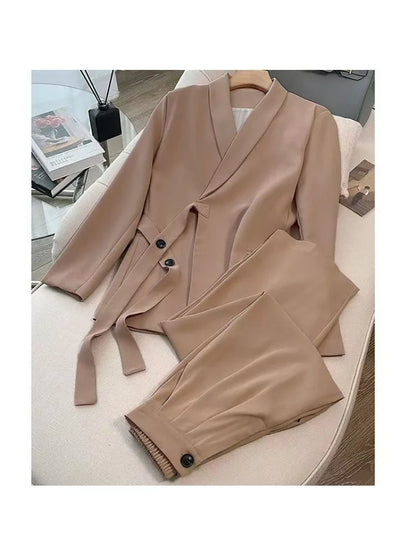 Women's Korean Fashion Long Sleeve Blazer And Wide Leg Pants Two-Piece Set Office Casual Loose Fit Spring Autumn Suits