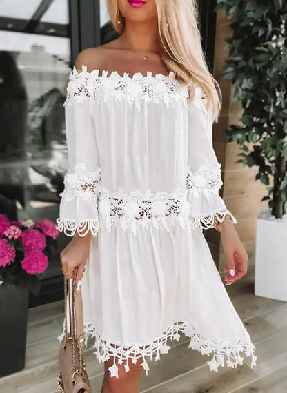 Spring Autumn New Women Sexy Strapless One Shoulder Solid Color Dinner Dresses Fashion Lace Lace Casual Loose Party White Dress